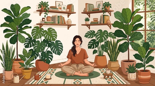 Young Woman Meditating in Yoga Pose Outdoors in a Peaceful Summer Garden, Practicing Relaxation, Mindfulness and Healthy Lifestyle in Nature