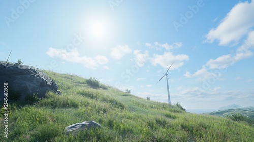 Idyllic countryside landscape with wind turbine and blue sky and cloud