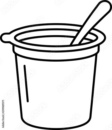 Black and white line art illustration of a yogurt cup with a spoon.