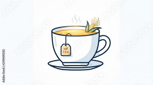 Vector illustration of a cup of hot herbal tea with tea bag and corn silk garnish, isolated on white background