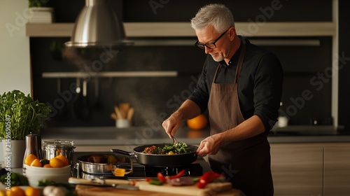 Mature Man Cooking Healthy Meal in Modern Kitchen, Healthy Lifestyle