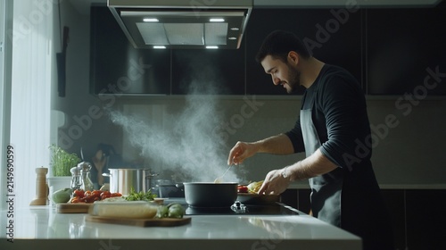 Man preparing a gourmet meal in modern kitchen with steam and fresh ingredients