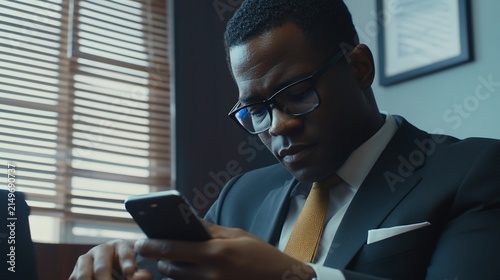 Professional African American businessman using mobile phone indoors