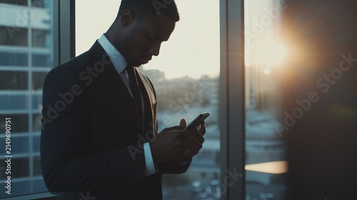 Confident Businessman Using Smartphone by Window in Modern Office at Sunset