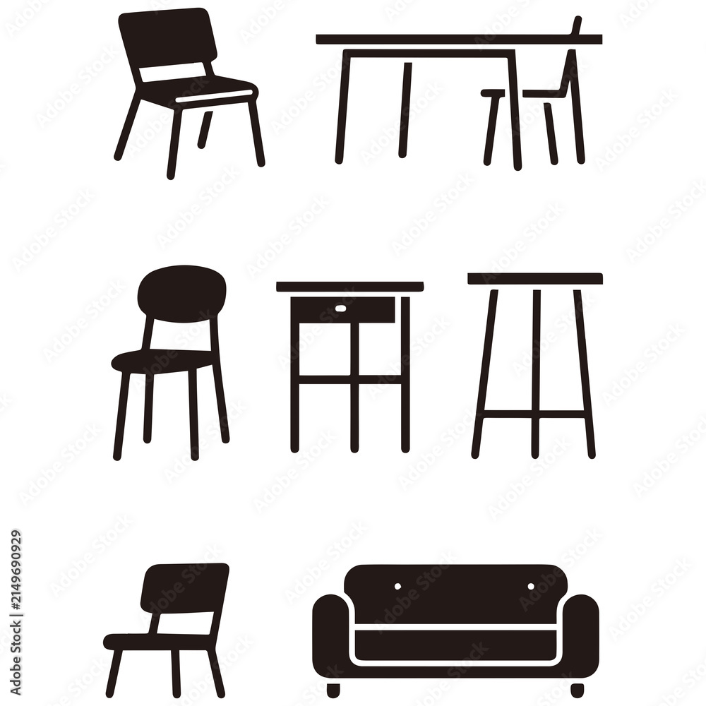 Fototapeta premium Furniture Icon Set Featuring Various Chairs, Desk, Table, Stool, and Sofa Vector Silhouettes Isolated on White Background for Interior Design