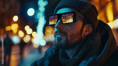 Visionary man with augmented reality glasses in vibrant city night