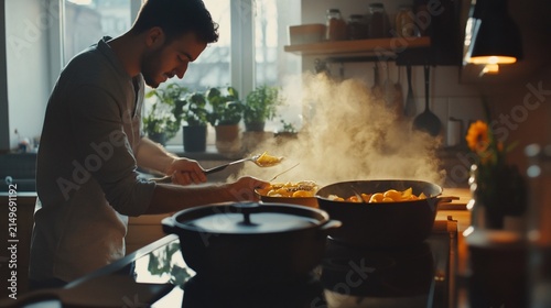 Man cooking a healthy meal in his kitchen with natural lighting