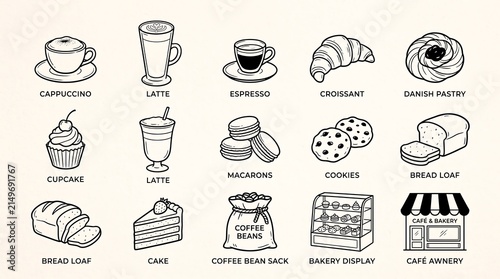 Food Icon Set with Cake, Coffee, Bread, Pizza, Burger, Sandwich, Cheese and Drink in Vintage Hand Drawn Doodle Vector Style
