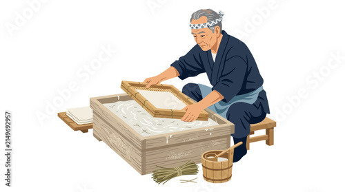 Elderly Japanese Craftsman Making Traditional Handmade Paper
