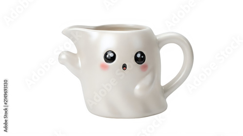 Cute ceramic milk pot with kawaii character face. Adorable white teapot with black eyes and pink blush. Halloween.PNG