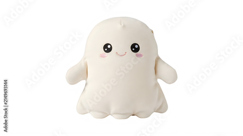 Cute plush ghost toy on white background, kawaii soft toy, playful Halloween decoration, adorable macaroni figure, children's cuddly friend, studio shot Halloween.PNG