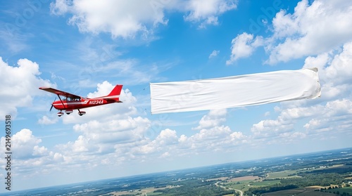 Airplane flying with a large white banner in the sky.