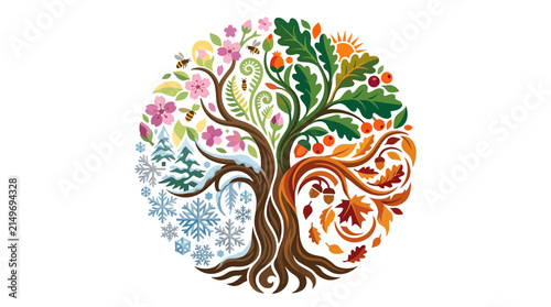 Four Seasons Tree Illustration on White Background