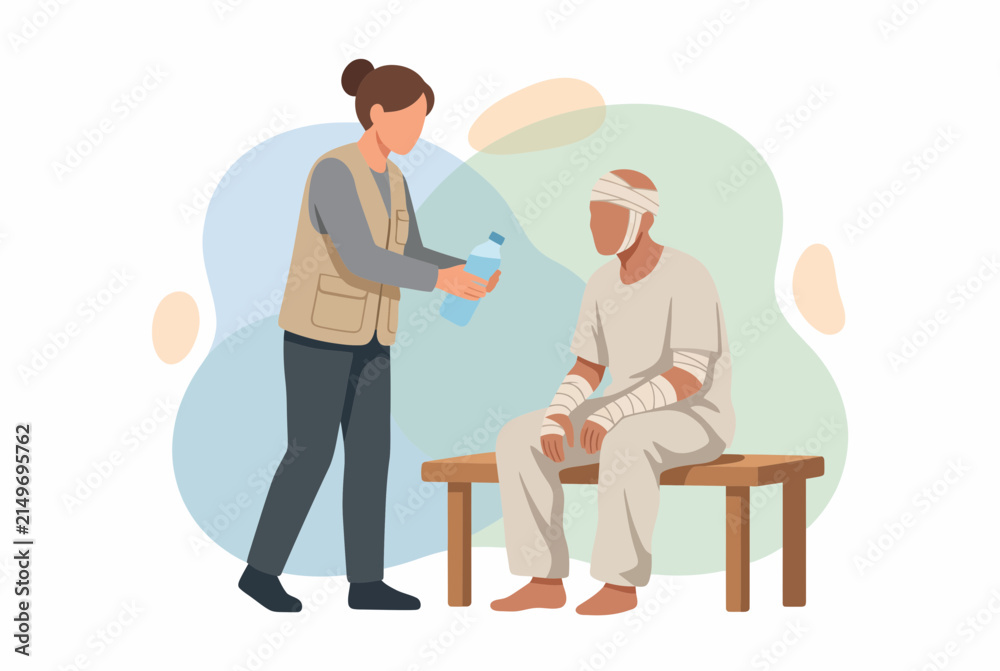 Obraz premium Aid Worker Providing Water and First Aid to Burn Victim