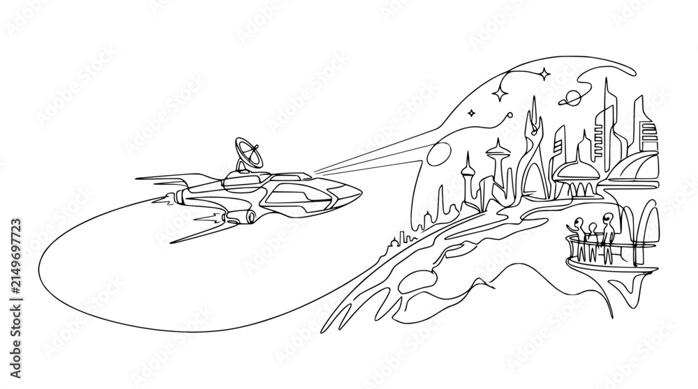 Fototapeta premium Futuristic spaceship flies towards a utopian city skyline on alien planet