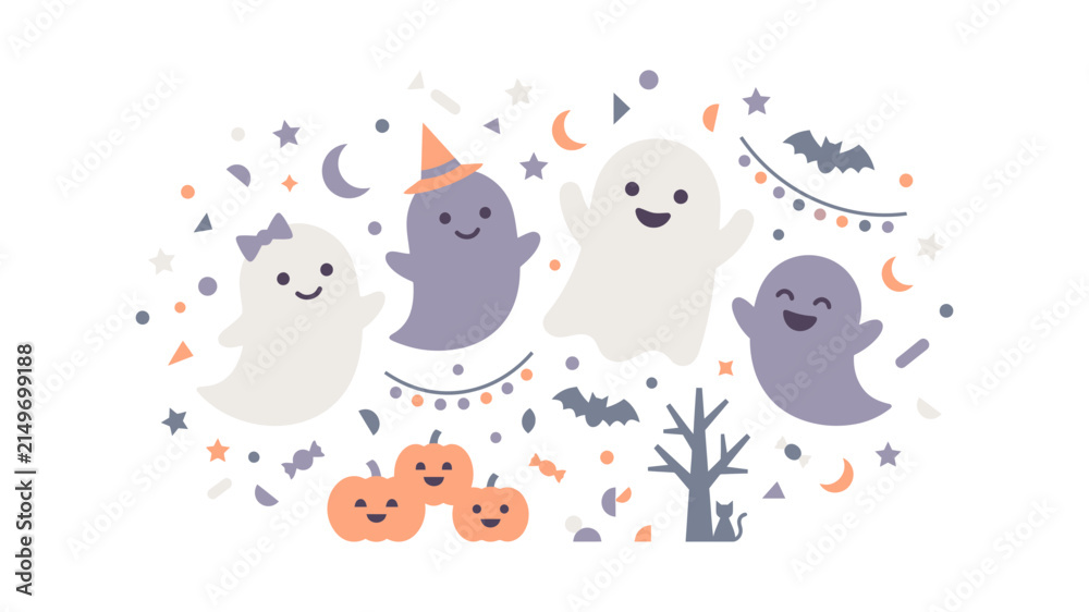 Naklejka premium Group of children dressed in cute Halloween costumes standing outdoors in autumn.