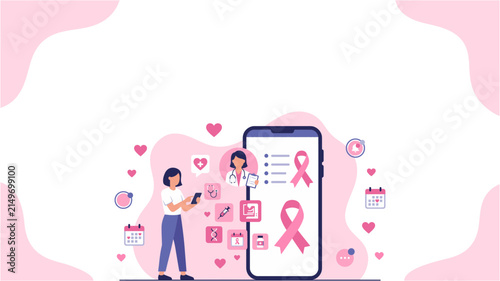 Digital breast cancer awareness campaign illustration with pink ribbon and healthcare icons.
