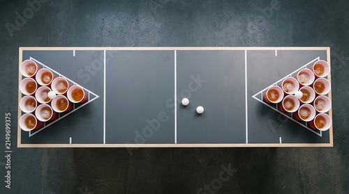 Beer pong game setup with plastic cups and ping pong balls on a table. bierpong