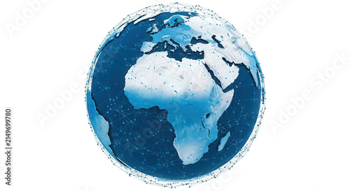 Blue digital earth globe icon with dots and network connection pattern isolated on transparent background