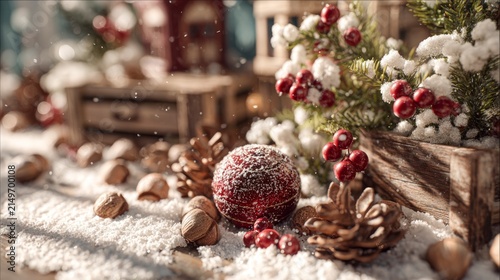 Winter holiday decor with snow, red bauble, pinecones on wood