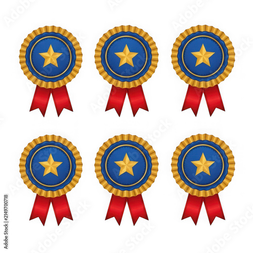Set of blue award ribbon badges with gold stars and red ribbons isolated on transparent background