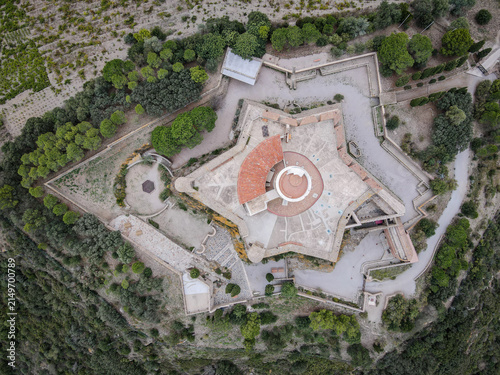 Aerial view of the star-shaped Fort de Salses with red tiled roofs surrounded by green vegetation.