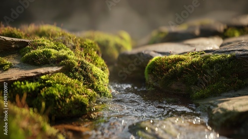 Water flowing over mossy rocks in a peaceful stream