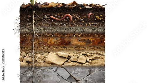 Detailed cross section of soil showing various geological layers with plant roots and small insects on a white isolated background