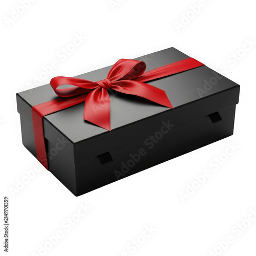 Black gift box with a beautiful red ribbon bow for special occasions isolated on transparent background