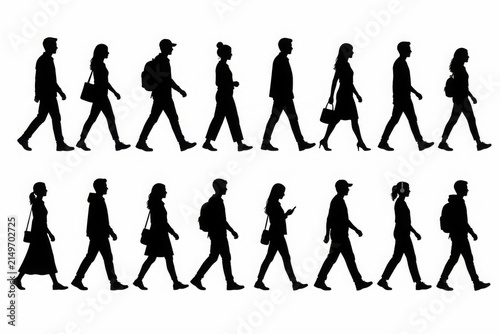 Silhouettes of diverse people walking in a row, group of men and women with backpacks and bags isolated on a white background, for use