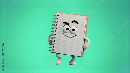 A cute 3D spiral notepad character performs a cheerful dance routine against a solid green background. Great for school supply commercials, educational software interfaces, and animated music overlays