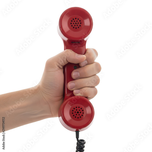 A hand holding a red vintage telephone receiver isolated on transparent background