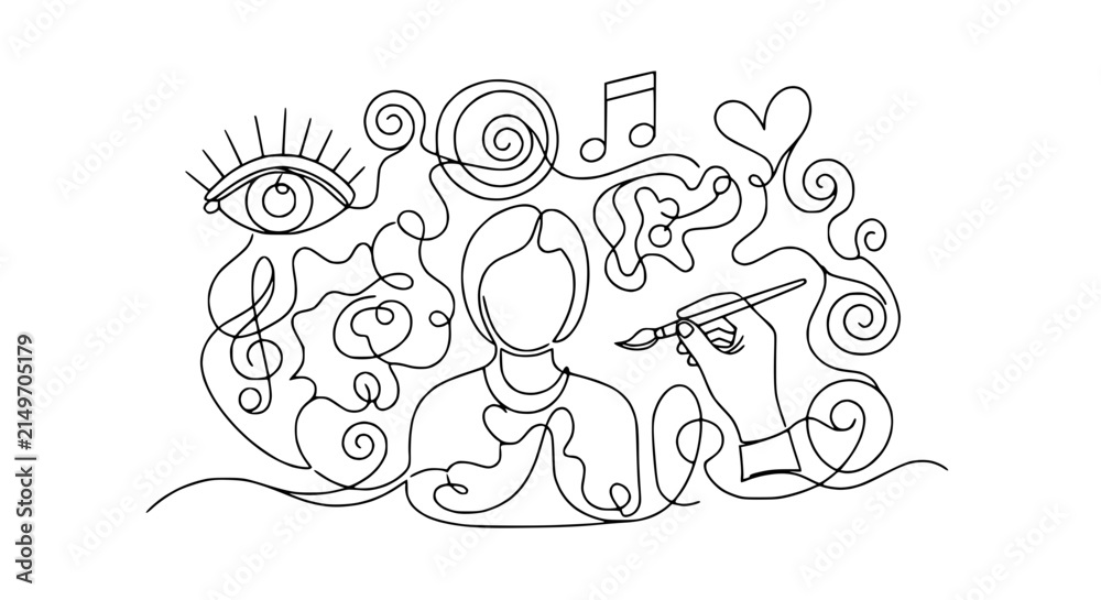Fototapeta premium Creative Mind Abstract Art Collage of Symbols and Person, Single Line Drawing