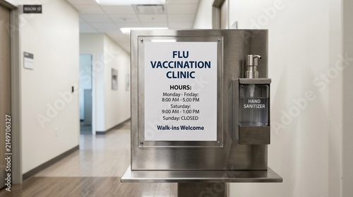 Flu vaccination clinic hours sign resting on a stand beside a sanitizer dispenser