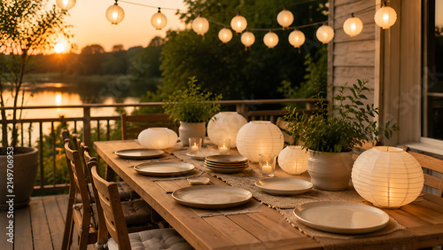 Empty ceramic plate and paper lanterns on wooden veranda, summer evening outdoor dining concept


