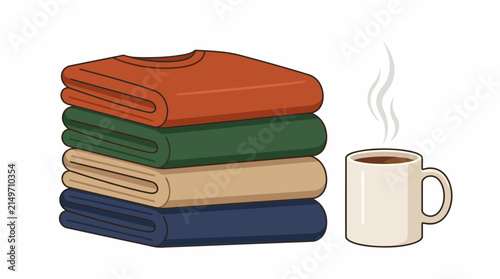 Stack of folded sweaters with steaming coffee mug - autumn wardrobe organization, cozy lifestyle, winter clothing, laundry flat vector illustration isolated on white background