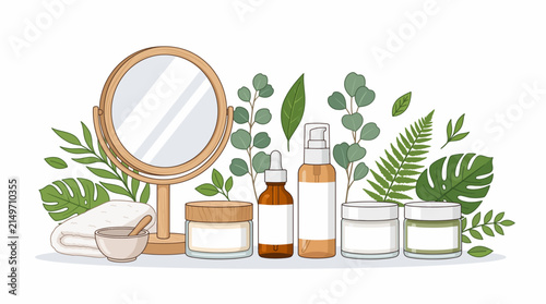 Natural skincare products with botanical leaves and mirror - organic cosmetics, spa, beauty routine, herbal ingredients flat vector illustration isolated on white background