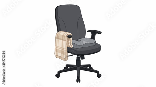 Office chair with plaid blanket and seat cushion - home office comfort, cozy workspace, ergonomics, remote work flat vector illustration isolated on white background