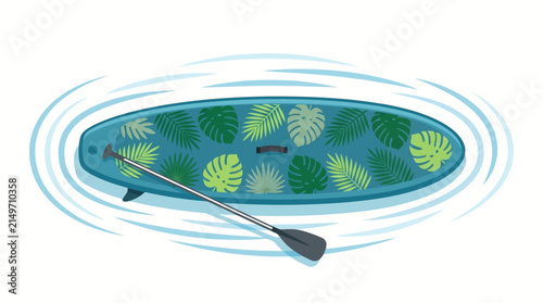 Stand-up paddleboard with tropical leaves pattern viewed from above with paddle and water ripples - SUP board, water sports, summer activities flat vector illustration isolated on white background