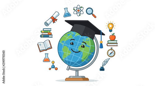 Smiling globe wearing a graduation cap surrounded by educational icons - world education, geography, science, learning, back to school flat vector illustration isolated on white background
