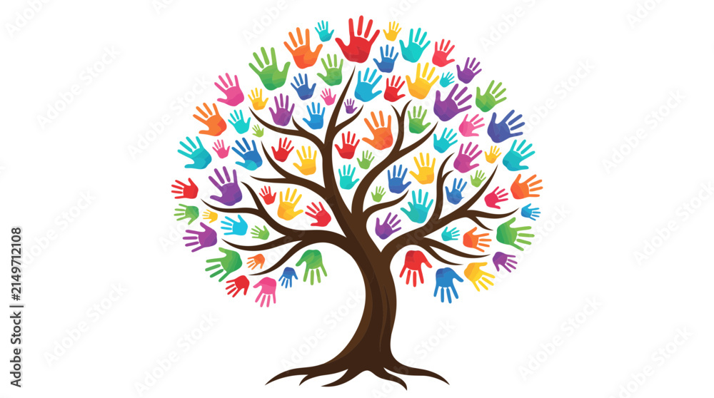 Naklejka premium Colorful tree illustration made with diverse hand prints representing community unity and global connection flat design
