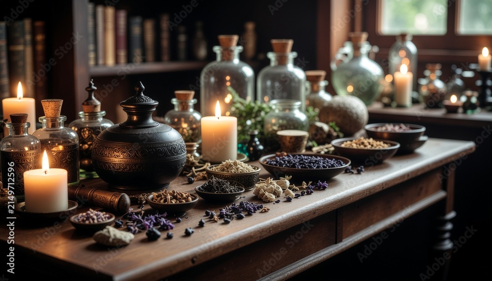 Fototapeta premium Mystical witch workshop table with lit candles, glass bottles, and bowls of dry herbs and potion ingredients 