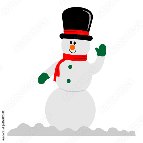 Cheerful snowman illustration wearing a festive top hat and scarf, raising a mitten in a friendly winter holiday pose above a snowy ground.