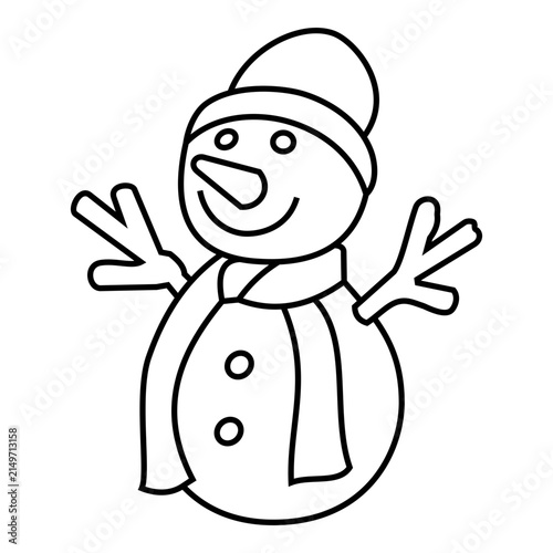 Cheerful Snowman Winter Holiday Character Illustration wearing a striped winter hat and scarf, smiling with raised arms in a playful seasonal illustration.