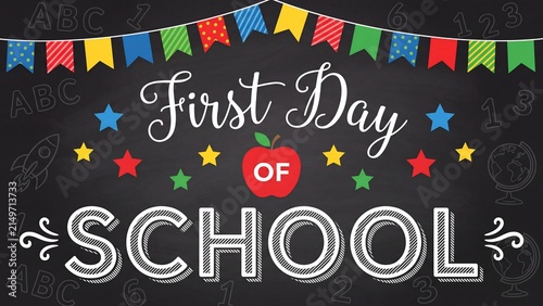 First Day of School chalkboard background, back to school banner with colorful bunting, educational classroom sign with apple 4K