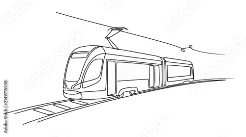 Modern Tram Train on Tracks, Line Art Illustration, Urban Transportation