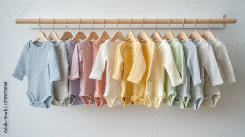 Colorful baby clothes hanging on a rack