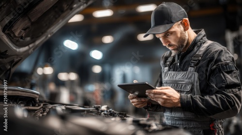 Mechanic using tablet for car inspection in workshop