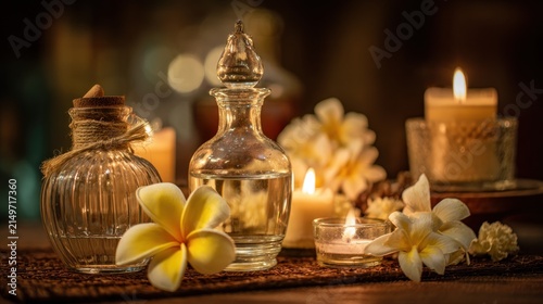 Aromatic oil bottles candles and flowers on the table