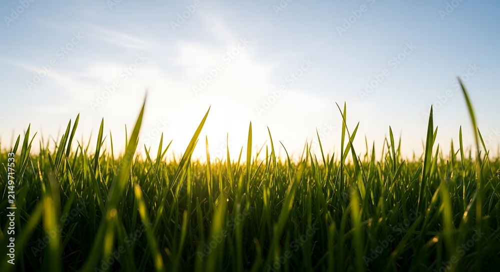 Fototapeta premium Low angle ground level shot of lush green grass growing in a field against a bright sunny sky.